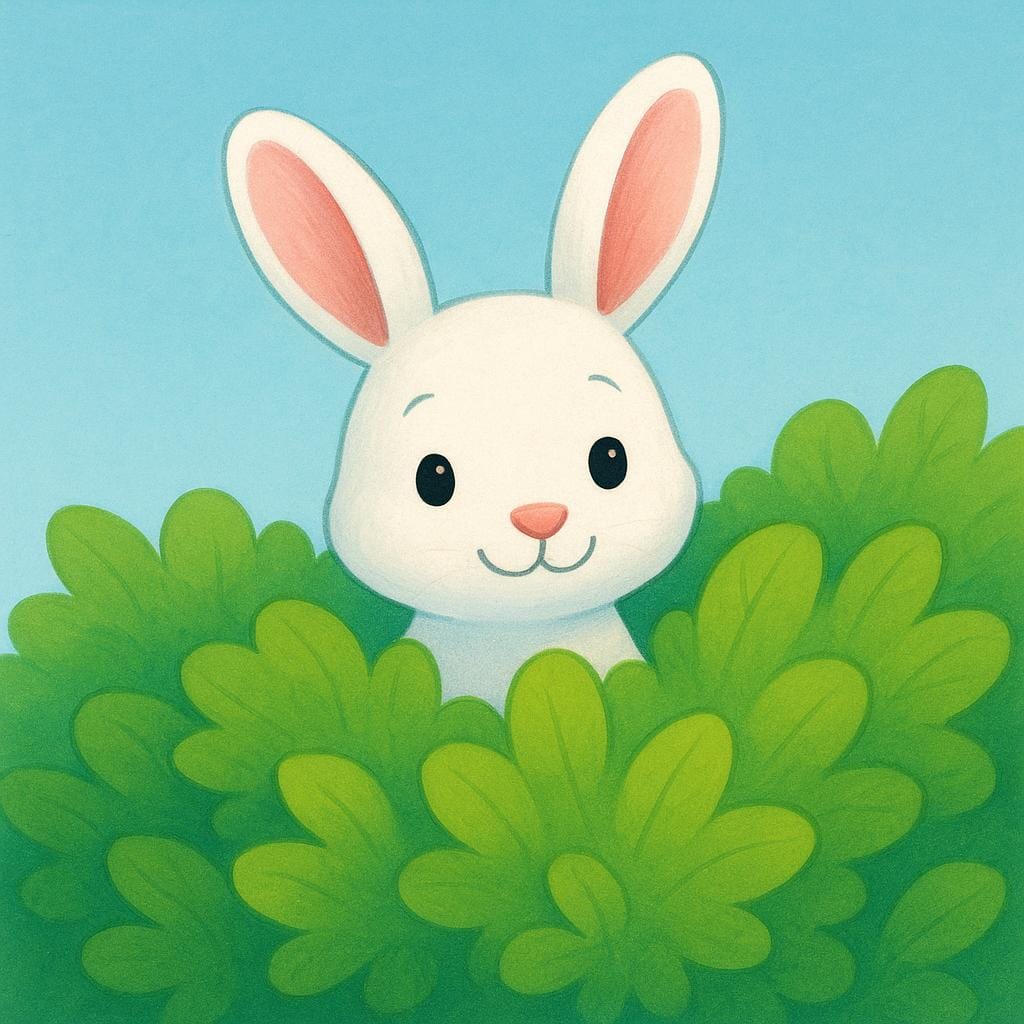 Um pequeno coelho branco espiando a cabeça por trás de um grande arbusto verde, ilustrando algo que está surgindo à vista.