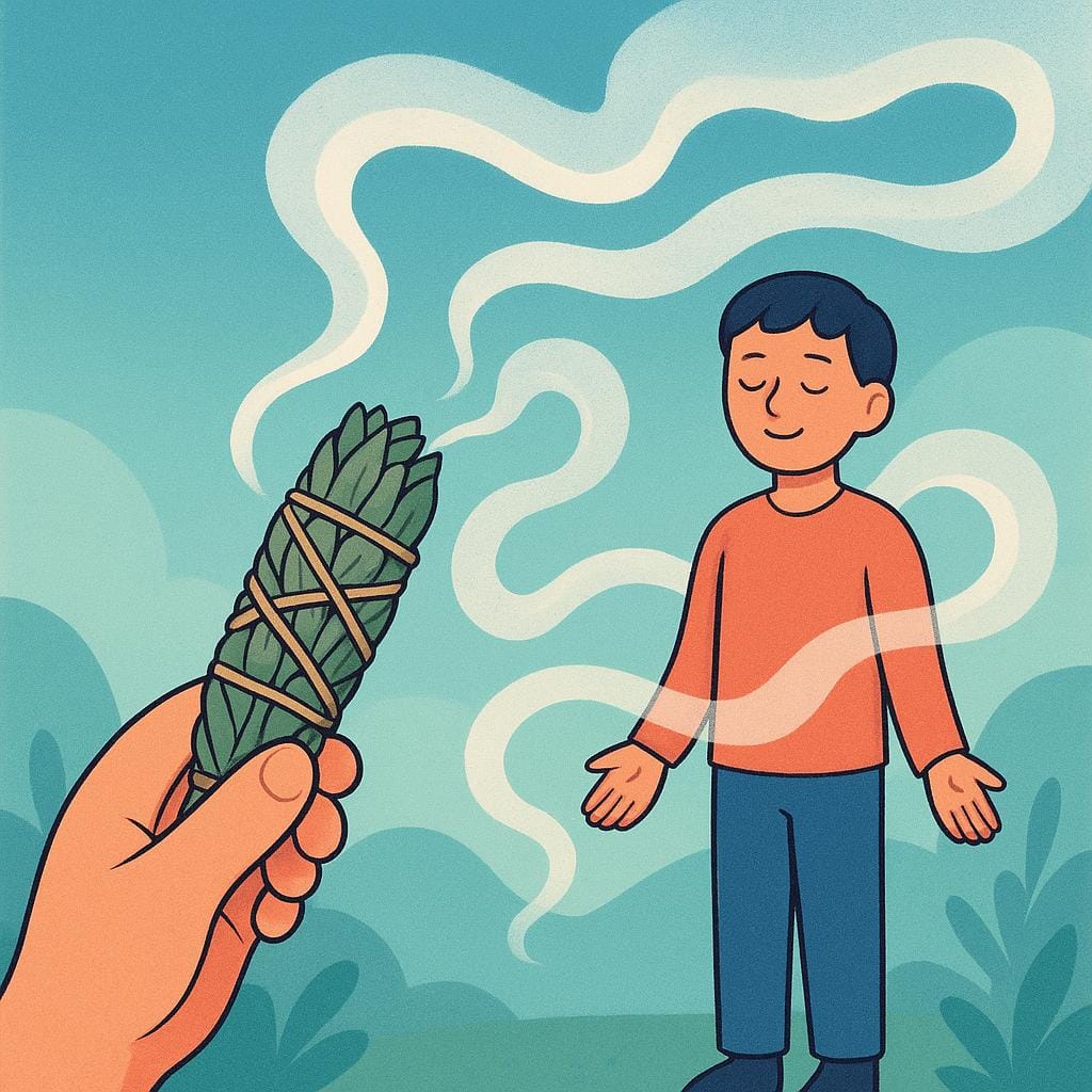 A storybook depiction of a ritual where a person is surrounded by purifying white smoke rising from a bundle of burning sage held by a stylized hand.