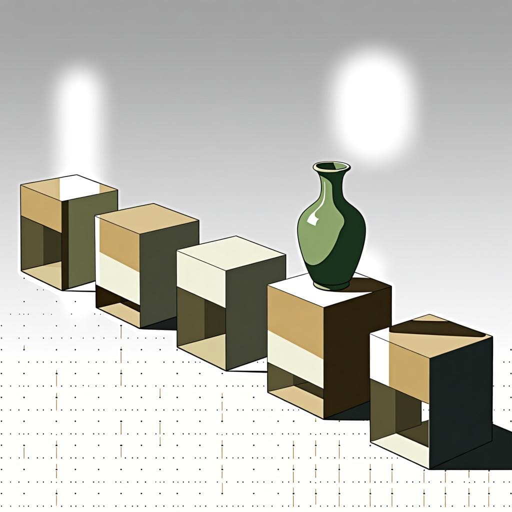 Uma fileira de cinco pedestais de cerâmica idênticos, com apenas um pedestal segurando um vaso verde simples, representando visualmente o conceito de 'apenas um' em quantidade.