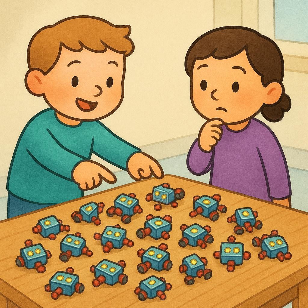 Two cartoon characters looking at a collection of small, identical toy robots scattered on a table. One character points at the group while the other makes an inquisitive gesture.