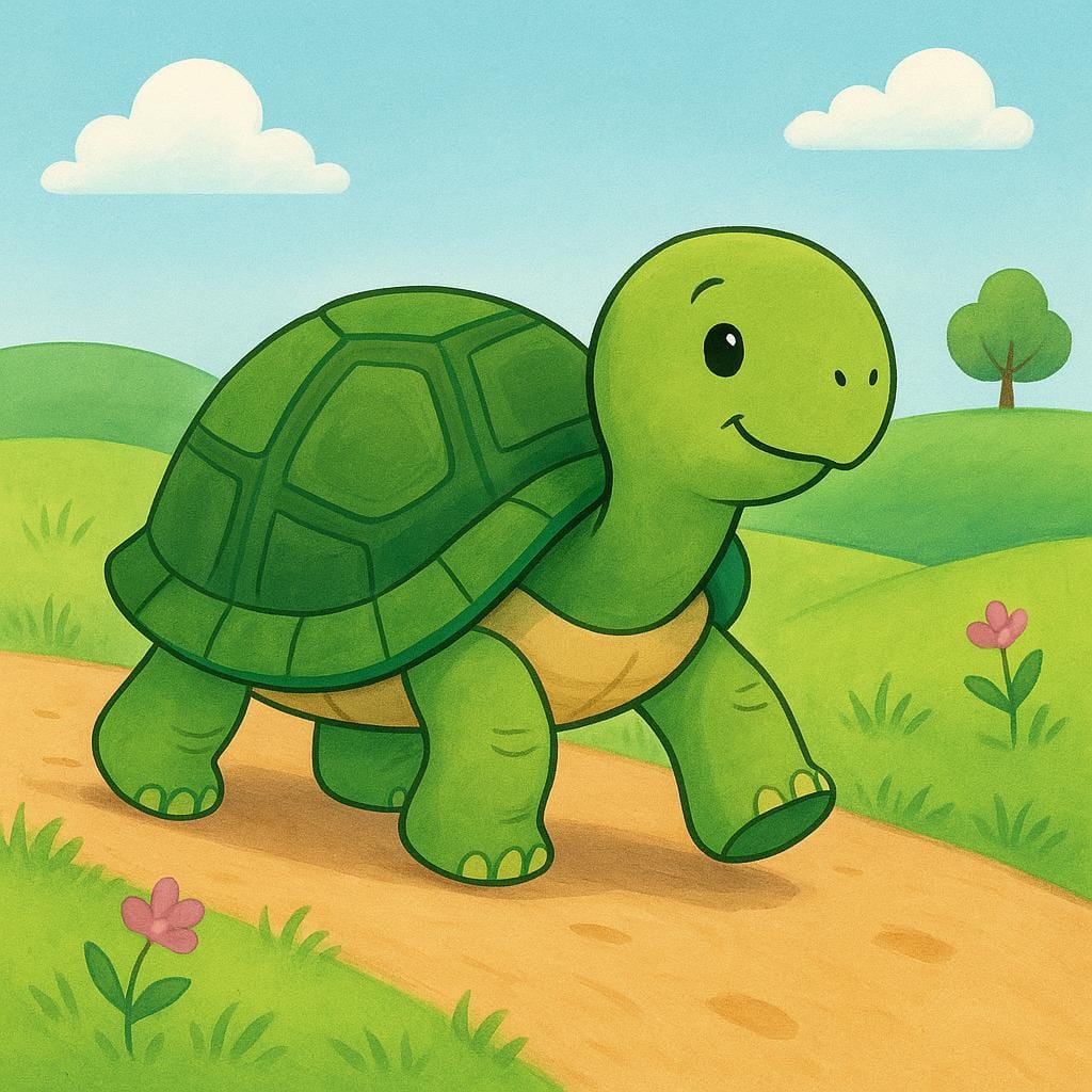 A friendly cartoon tortoise maintaining a steady, consistent forward stride on a winding dirt path, illustrating a constant rate of speed.