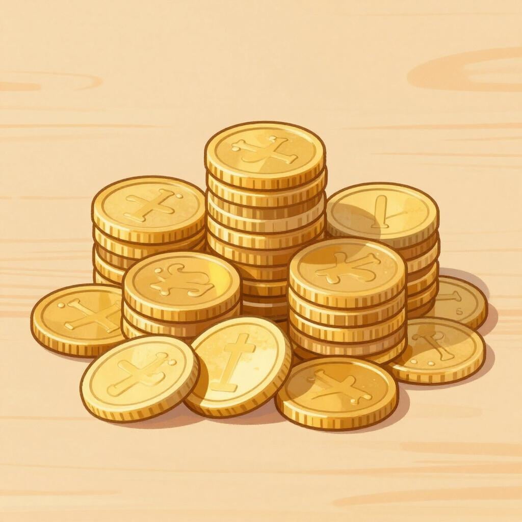 A small stack of gold coins sitting on a wooden table.