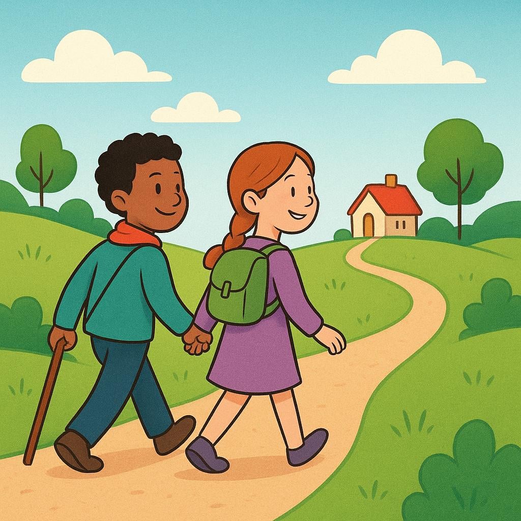 Two smiling figures walking together down a straight path toward a bright, inviting destination on the horizon, symbolizing a future journey.