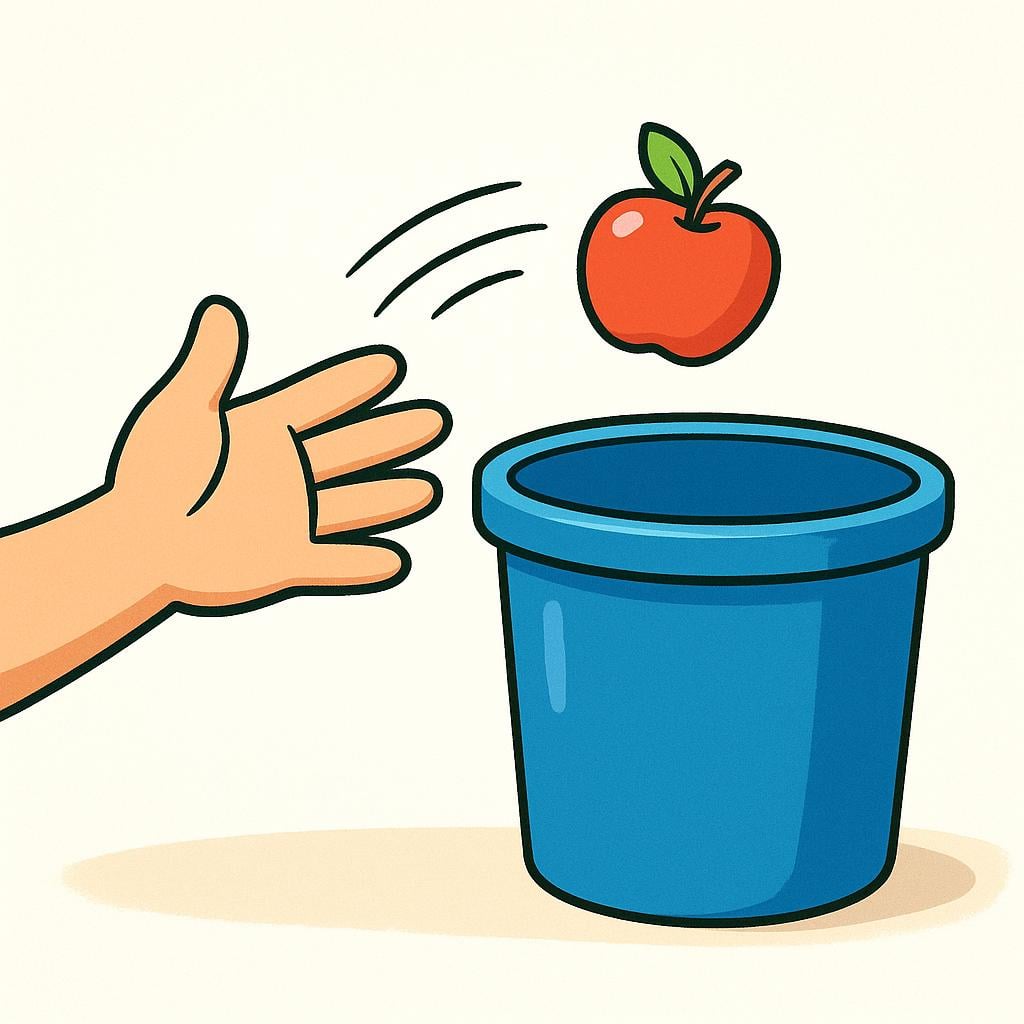 A cartoon hand actively tossing a small red apple into a large, open blue garbage bin, illustrating the action of throwing something away.