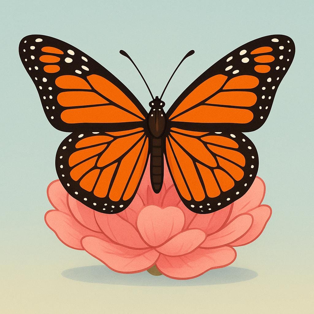 A vibrant monarch butterfly with perfectly symmetrical wings resting gently on a large pink flower blossom.