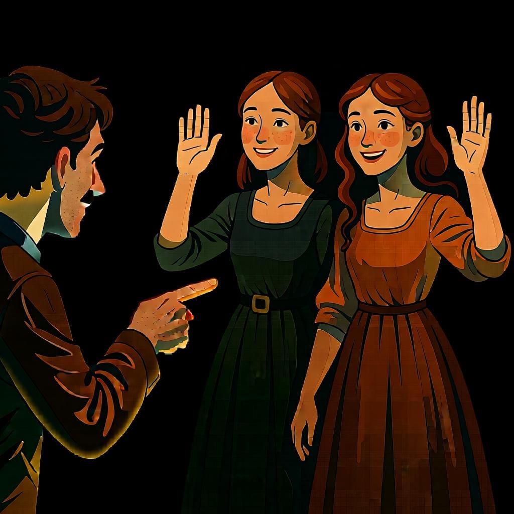 A person pointing at two women who are waving back, illustrating 'las' as a way to say 'them' when referring to women.