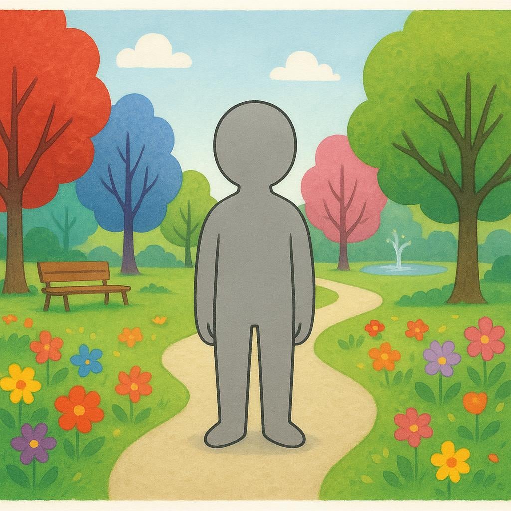 A single, grey, featureless silhouette standing alone in a colorful world, visually representing a 'nobody' or a person of no distinction.