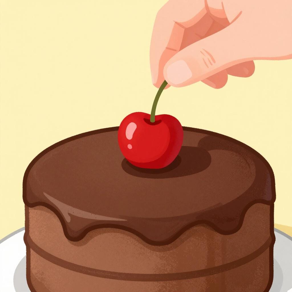 Eine Person, die eine leuchtend rote Kirsche auf einen großen, mit Schokolade überzogenen Kuchen legt, um ihn zu vollenden.