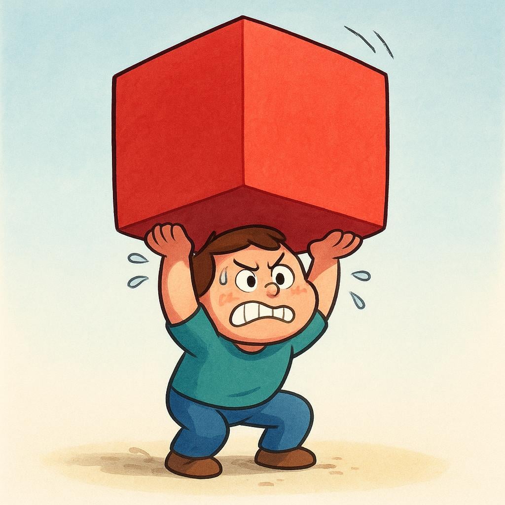 A strong person wearing a blue shirt and yellow gloves using both hands to lift a very large, heavy, red cube off the ground.