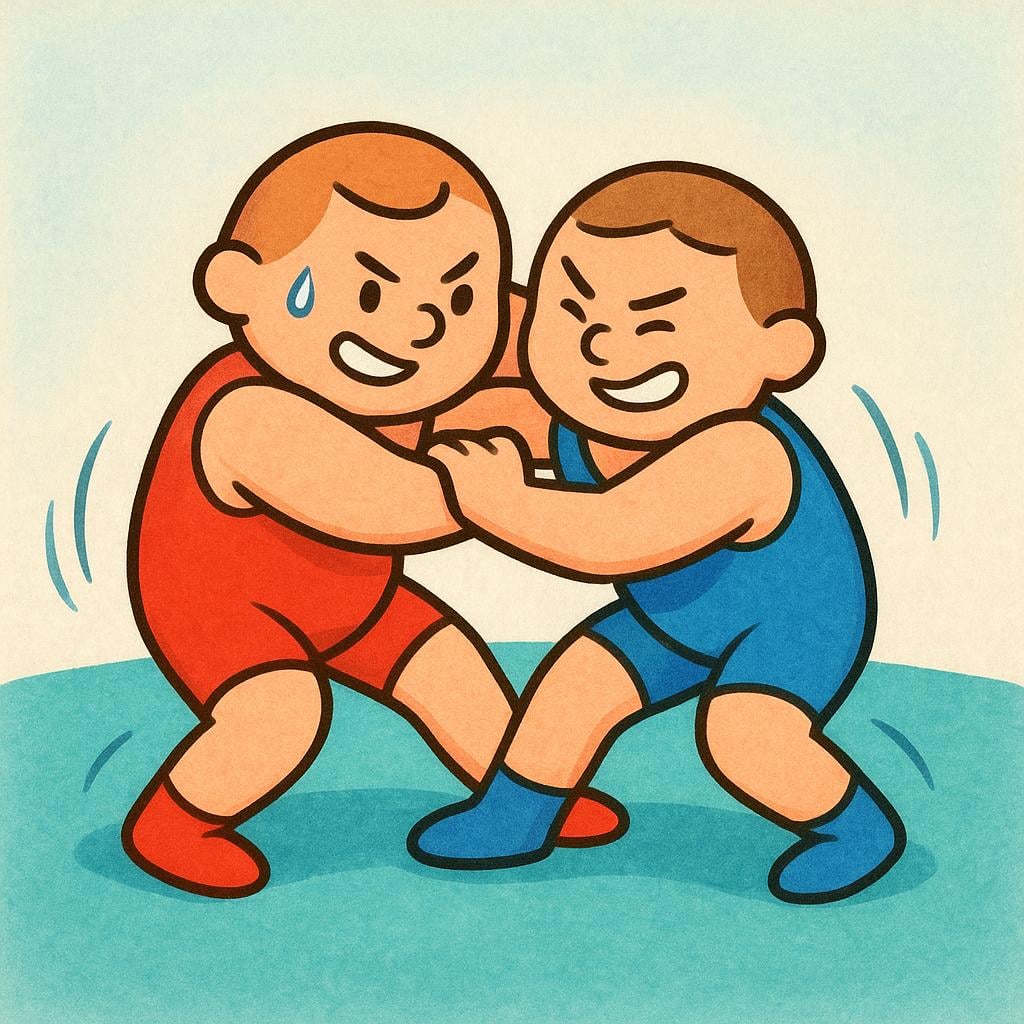 Two simple, stylized cartoon figures grappling or wrestling, depicting a physical confrontation.