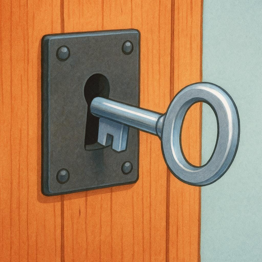 A shiny silver key partially inserted into the keyhole of a brass lock attached to a wooden surface.