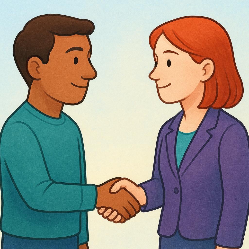 Two people shaking hands firmly with confident expressions, symbolizing an assurance or guarantee.