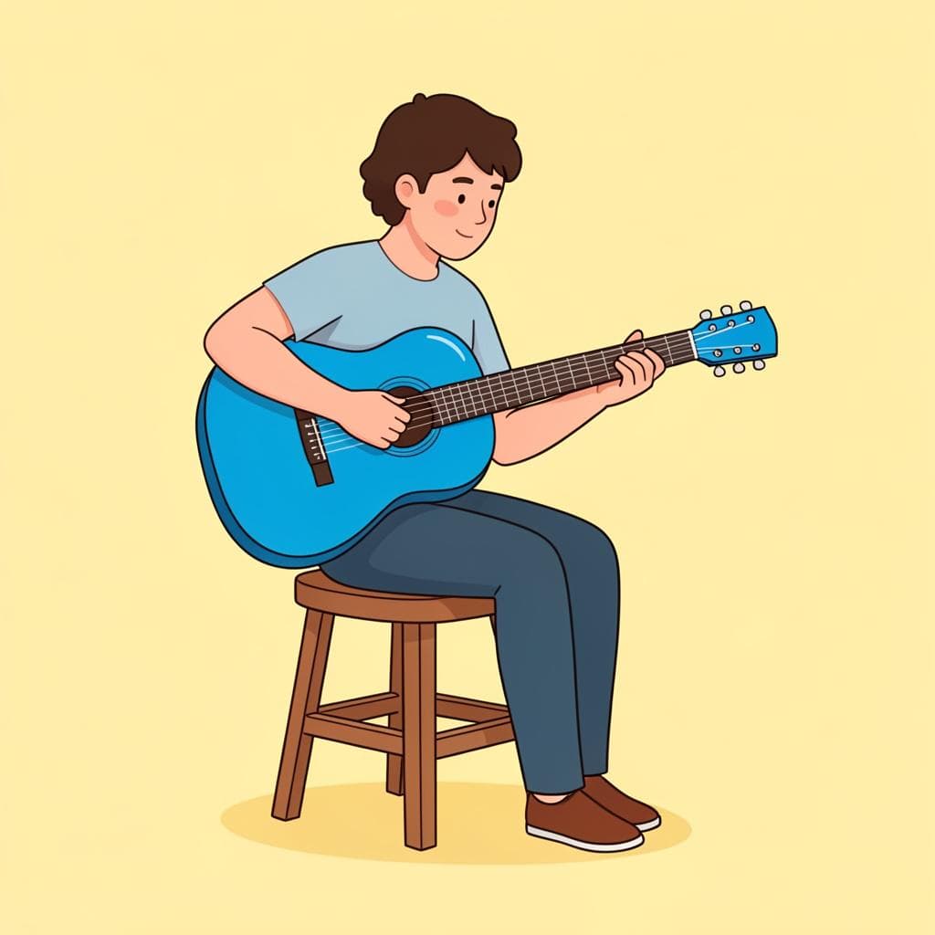 Une personne jouant d'une guitare acoustique de couleur bleue sur un simple tabouret en bois.