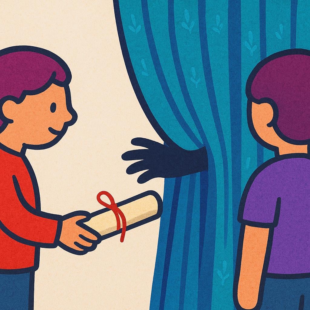 A small figure secretly passing a rolled parchment (a secret) to a hidden, shadowy hand emerging from behind a brightly colored curtain, symbolizing betrayal.