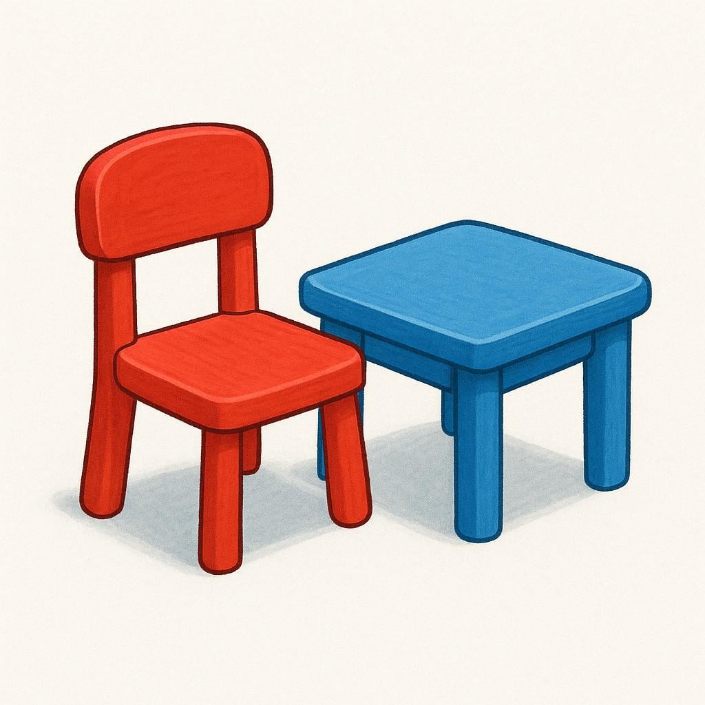 A small, red wooden chair standing directly beside and touching a small, blue square table, showing close proximity.