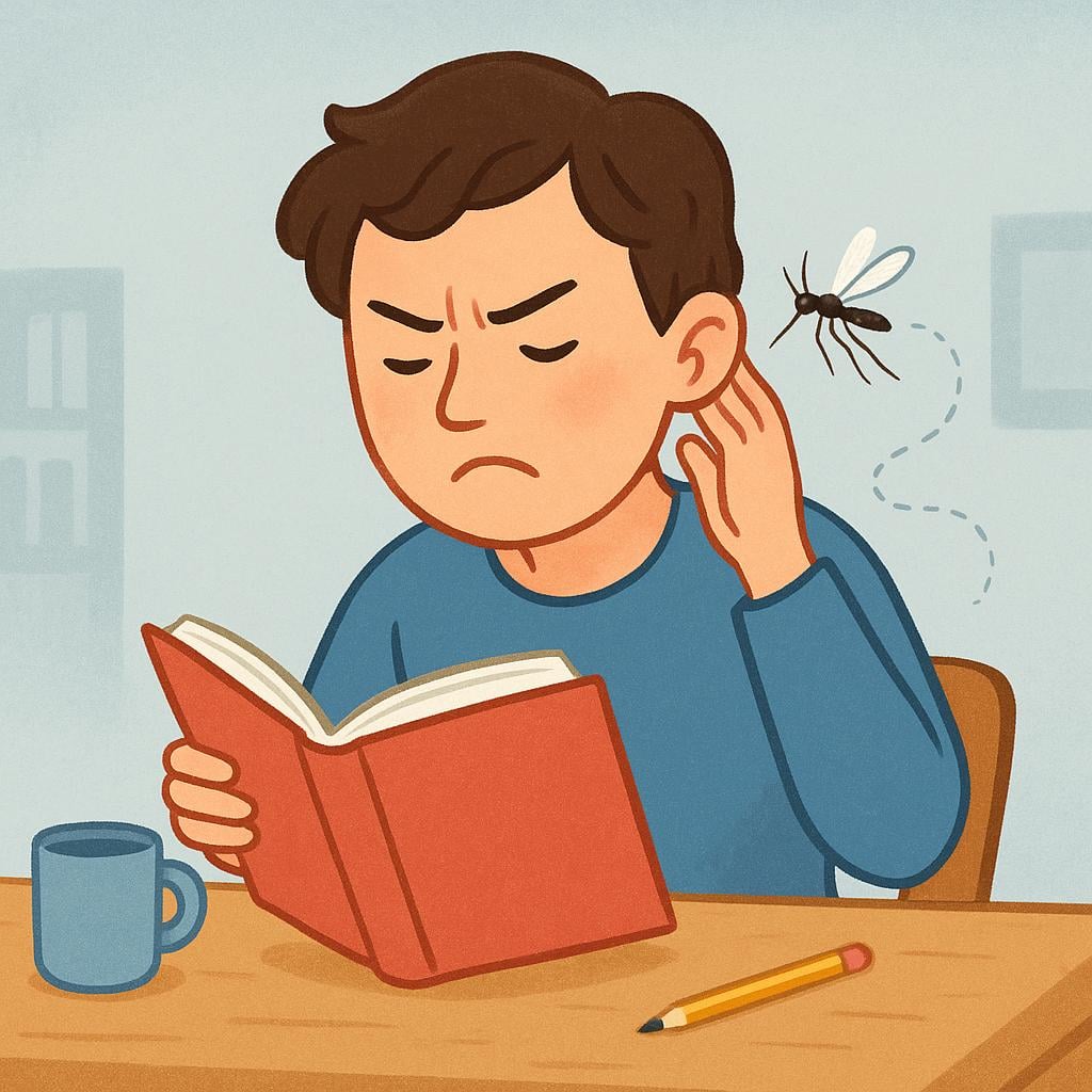 A person sitting at a desk with a frustrated expression, trying to read a book while a single mosquito buzzes persistently near their ear.