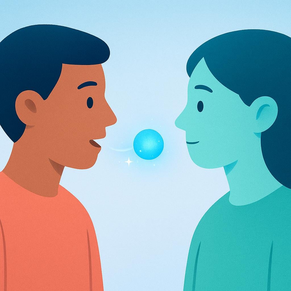 A colorful storybook illustration showing one character actively speaking to a second character. A small, glowing blue sphere, representing the message ('it'), is floating from the speaker's mouth toward the listener's ear.