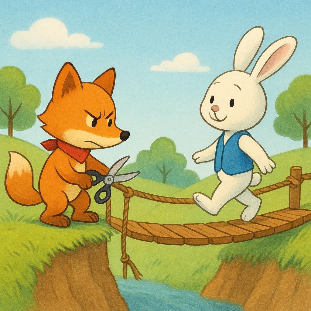 A storybook scene showing one smiling fox character secretly cutting the rope bridge behind a second, unsuspecting bear character who is crossing the bridge.