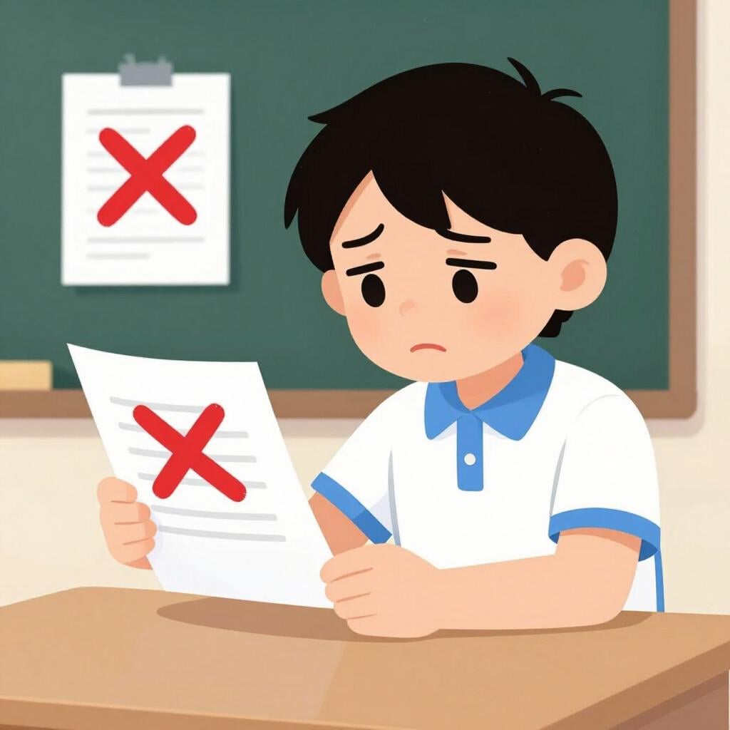 Uno studente triste che guarda un foglio con una grande croce rossa.