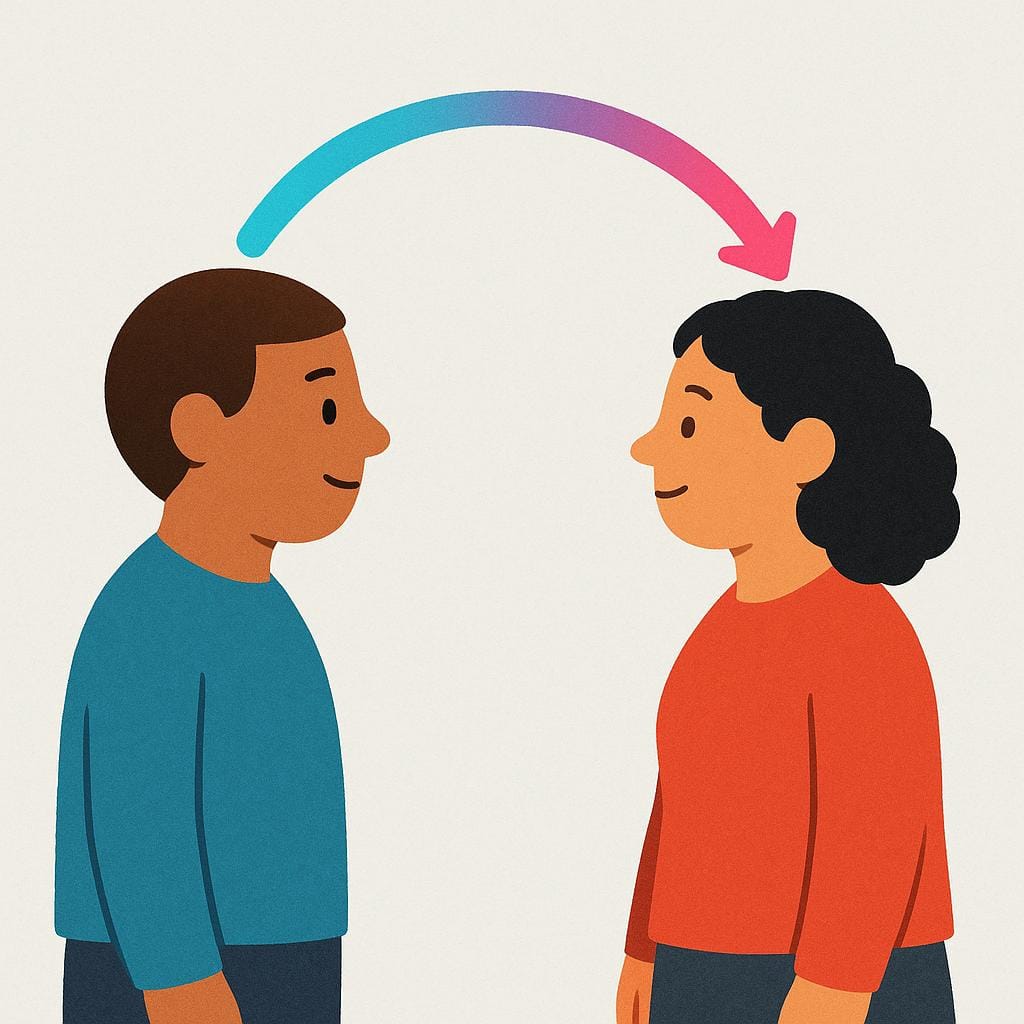A colorful illustration showing two stylized figures exchanging information via a bright connecting line that arches between their heads.