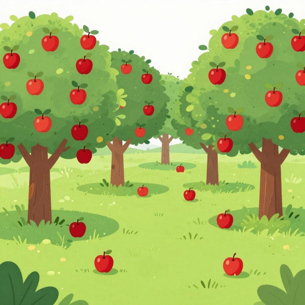 A lush, vibrant garden overflowing with many ripe, red apples on multiple trees and covering the green grass.