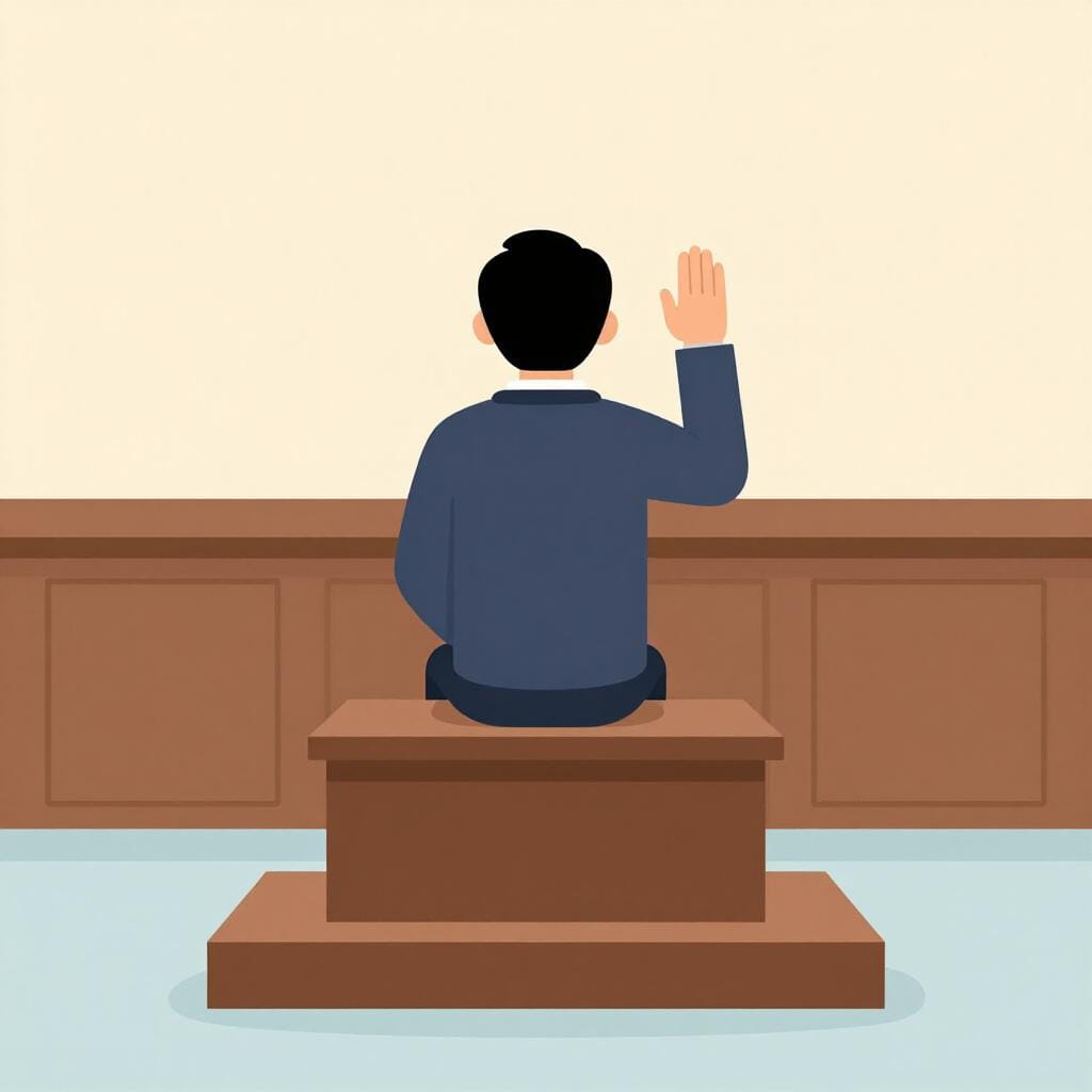 A person sitting in a witness stand in a courtroom, raising their hand to give testimony.