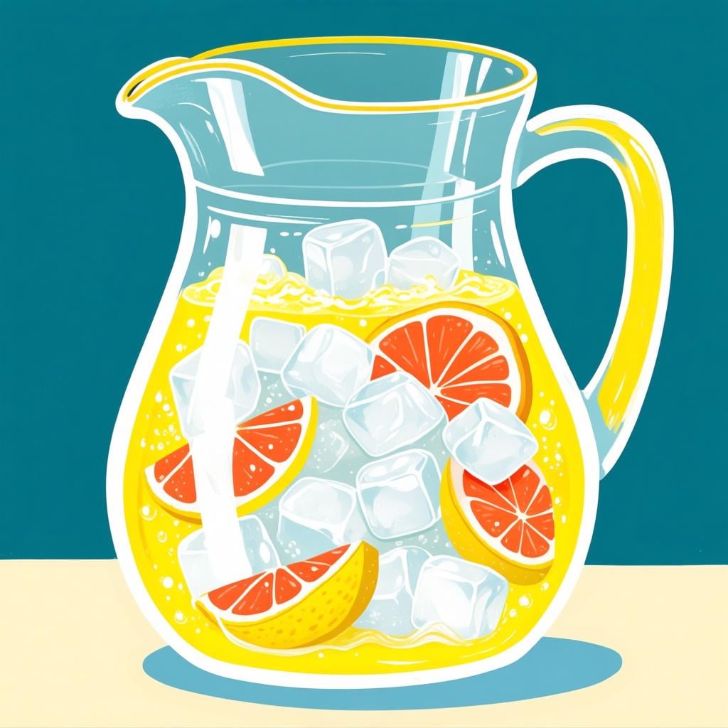 A large, clear glass pitcher filled completely to the brim with bright yellow lemonade and ice cubes, standing on a sunny patio.