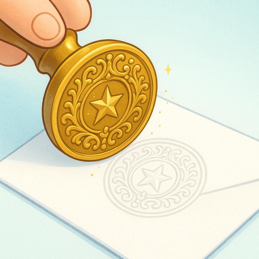 A simple illustration showing a large, ornate golden official seal being pressed onto a clean white object, symbolizing official guarantee.