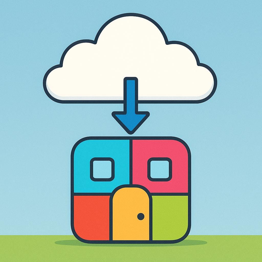 A stylized white cloud floating above a small, square building, with a stream of blue data packets flowing from the cloud straight down into the building.