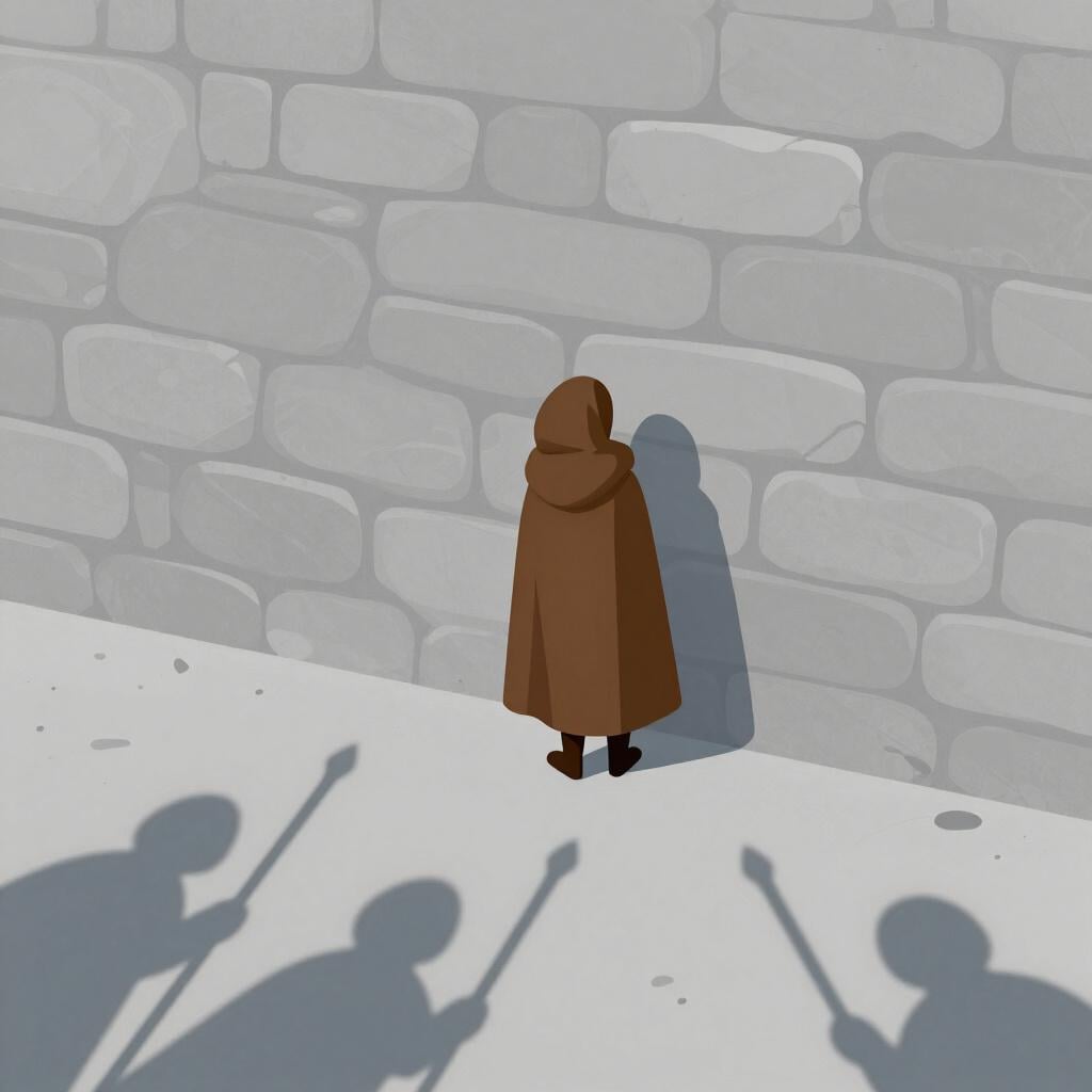 A person in a simple cloak hiding behind a large stone wall from shadows of guards.