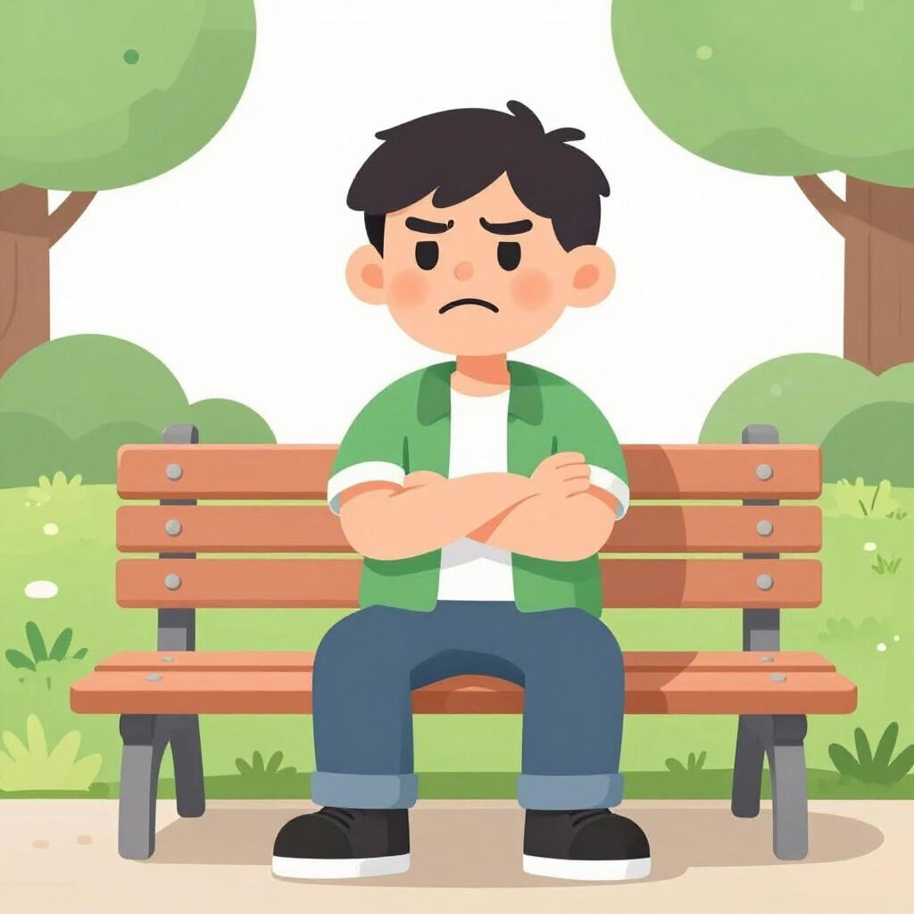 不機嫌な人が不機嫌な表情でベンチに一人で座っているカラフルなイラスト。