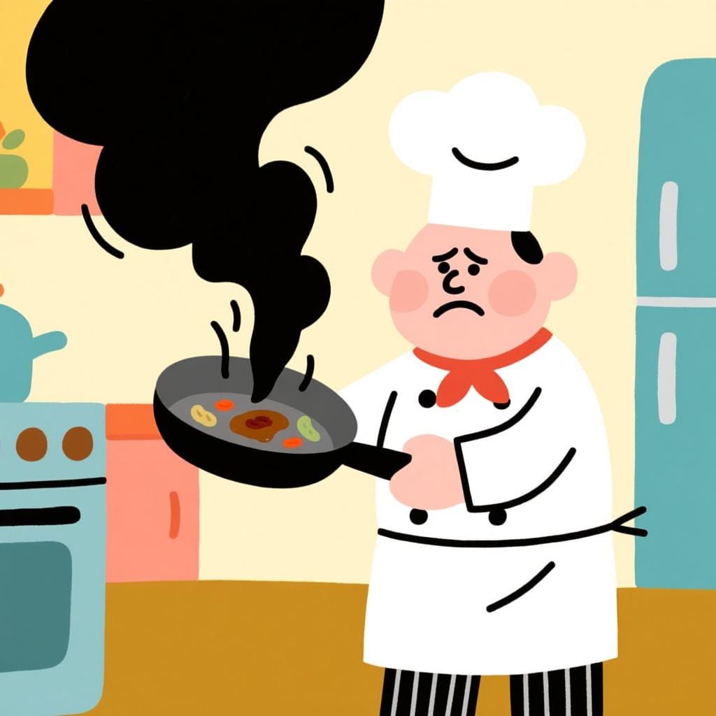 Uno chef di cartoni animati in difficoltà in cucina. Lo chef tiene in mano una padella fumante e bruciata e sembra frustrato, illustrando l'esecuzione di un'azione 'peggio'.