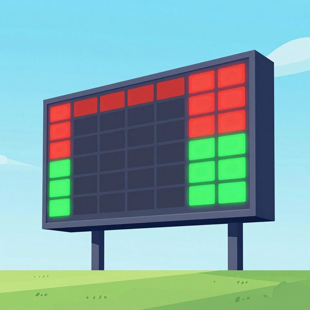 A large electronic scoreboard in a stadium showing different colored lights.