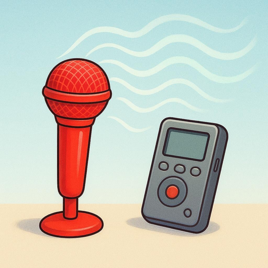 A bright red microphone standing next to a simple, gray digital recorder. Visible wavy lines depicting sound travel from the air directly into the microphone, symbolizing recording.