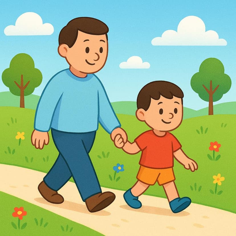 An illustration of an adult and a child walking happily together on a sunny path holding hands, symbolizing accompanying someone.
