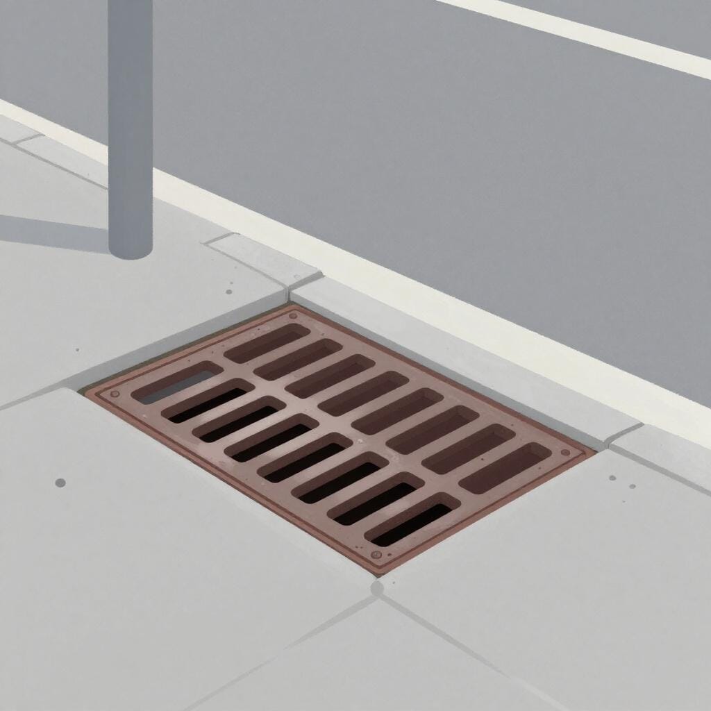 A metal storm drain grate on the side of a paved street curb.
