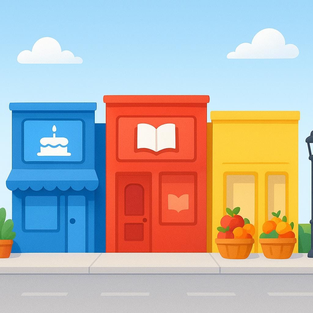 A colorful illustration of a street row featuring three different small, distinct storefronts, representing multiple commercial enterprises.