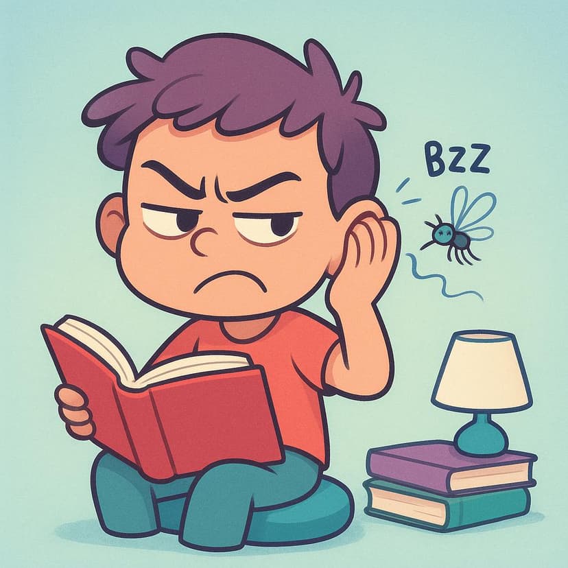 A storybook illustration showing a person frowning in annoyance as a small mosquito buzzes loudly near their ear while they try to read a book.