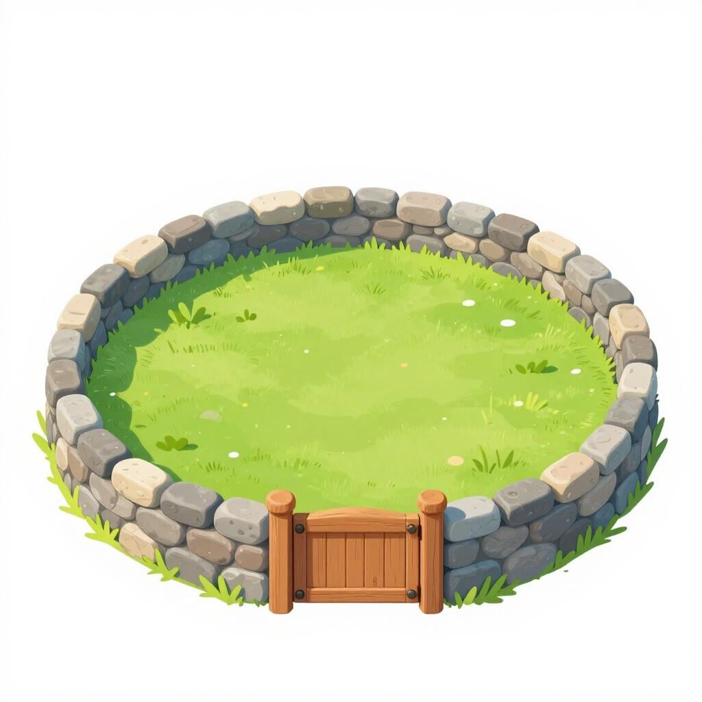 A small green garden area completely surrounded by a low, circular stone wall with a wooden gate.