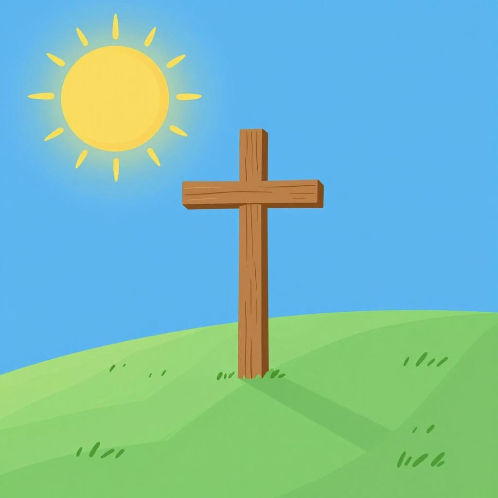 Une simple croix en bois se dressant sur une colline herbeuse sous un soleil éclatant.
