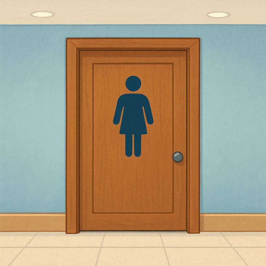 Une porte en bois simple et fermée dans un couloir public avec une icône claire et stylisée d'une figure humaine debout, indiquant des toilettes.