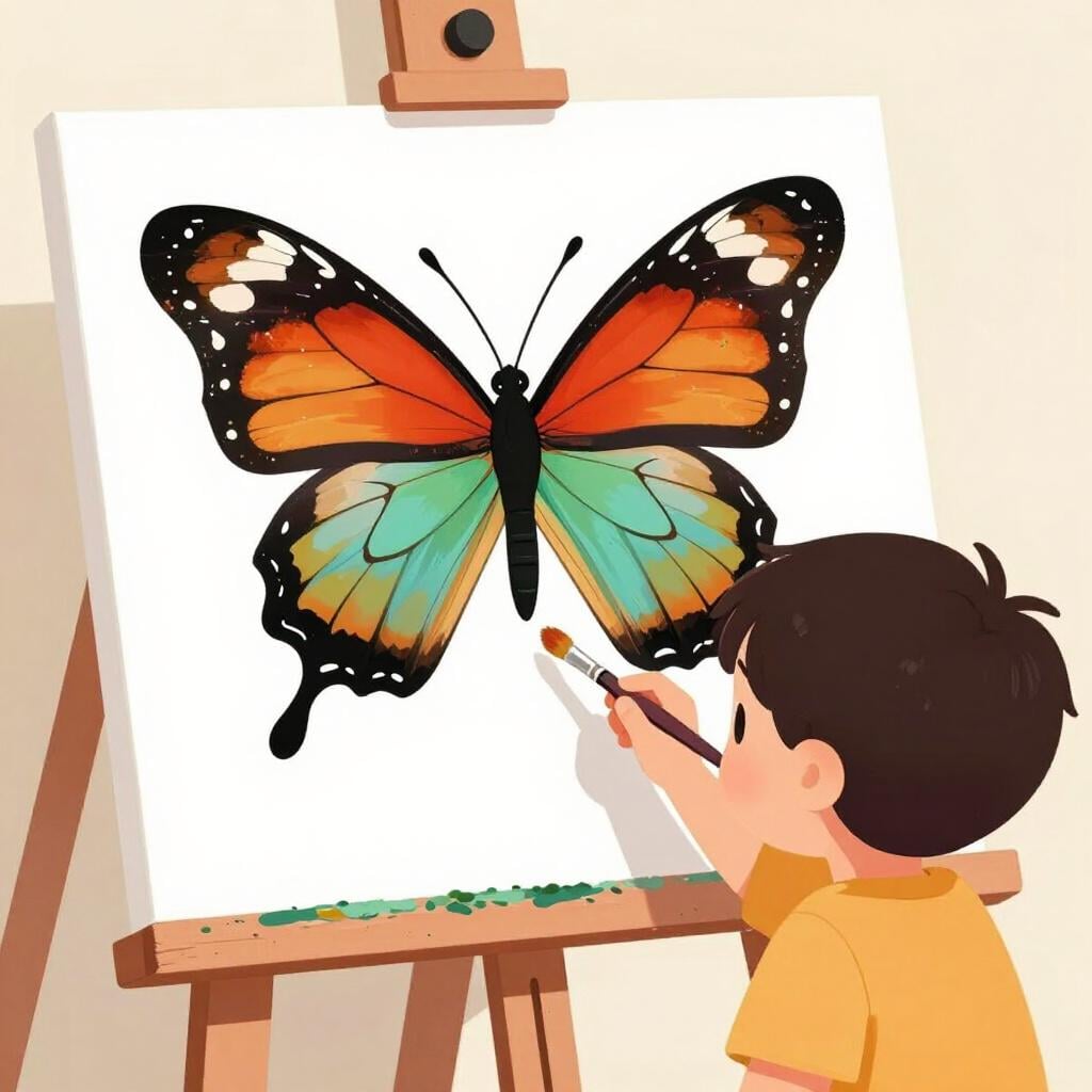 A young child effortlessly painting a beautiful, colorful butterfly on a canvas.