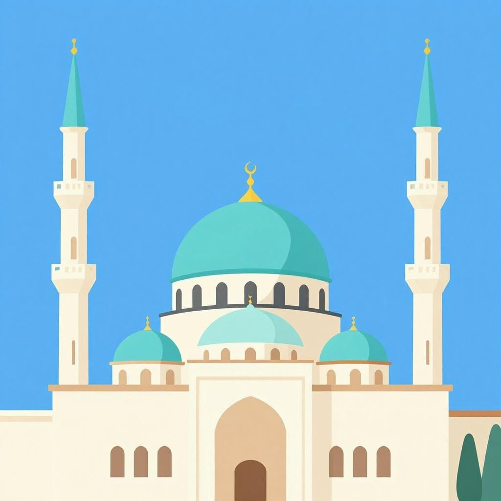 A colorful illustration of a mosque with a large central dome and tall minarets under a clear sky.
