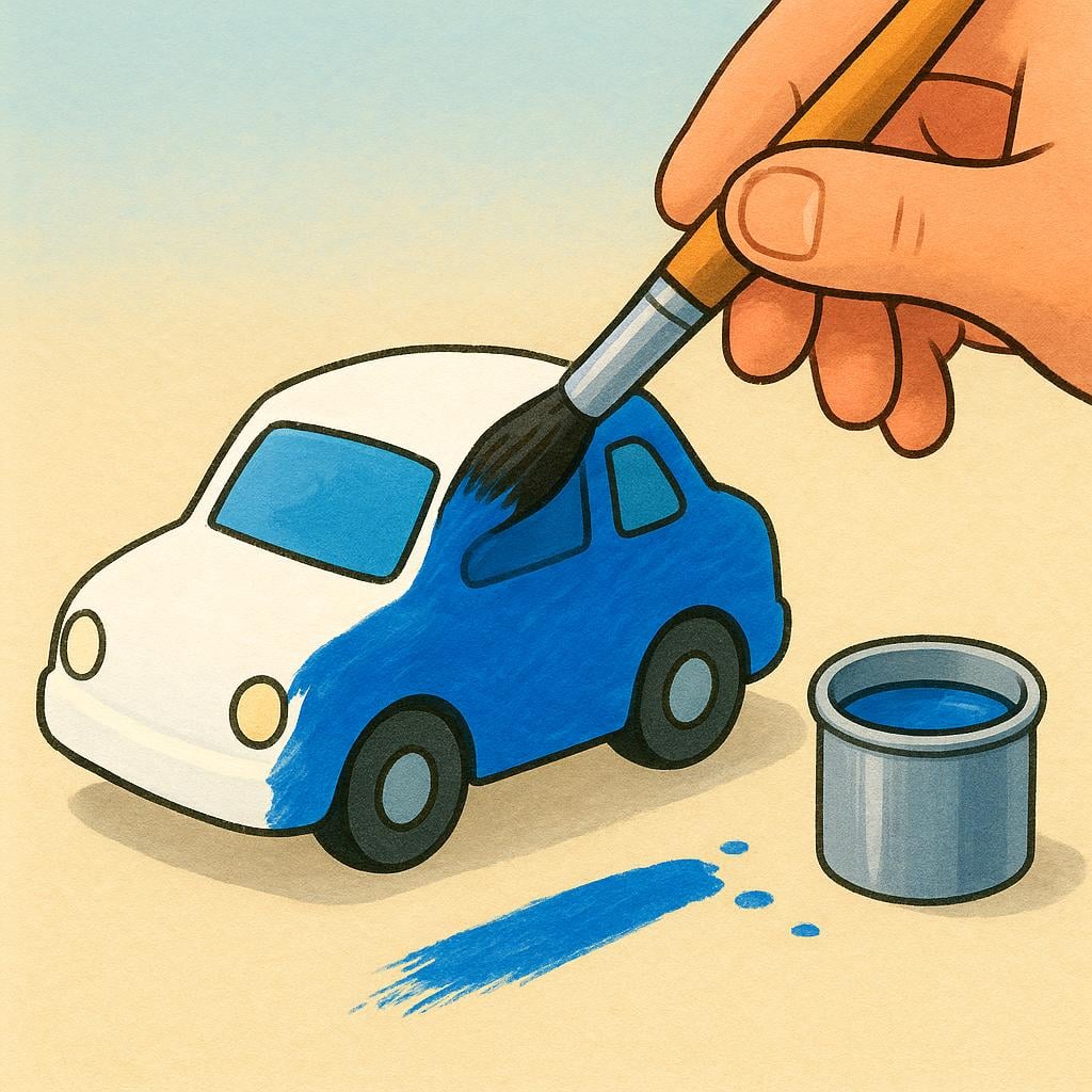 A white car being painted bright blue with a paintbrush.