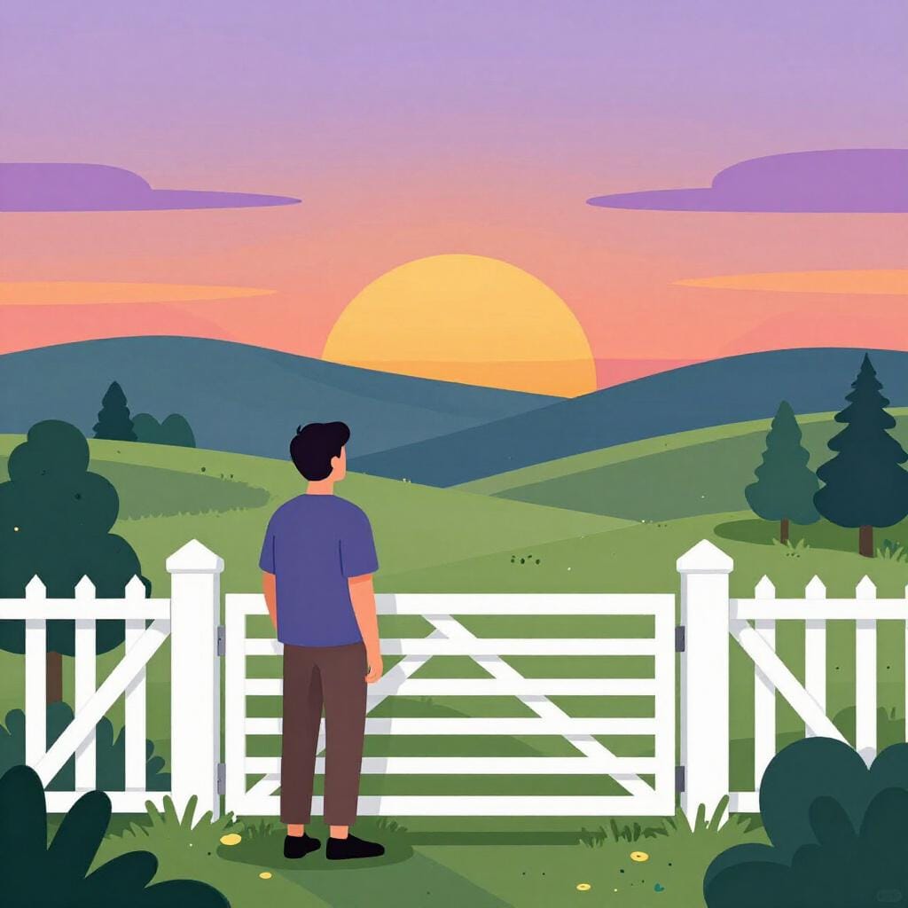 A man standing alone by a garden gate looking at the sunset.
