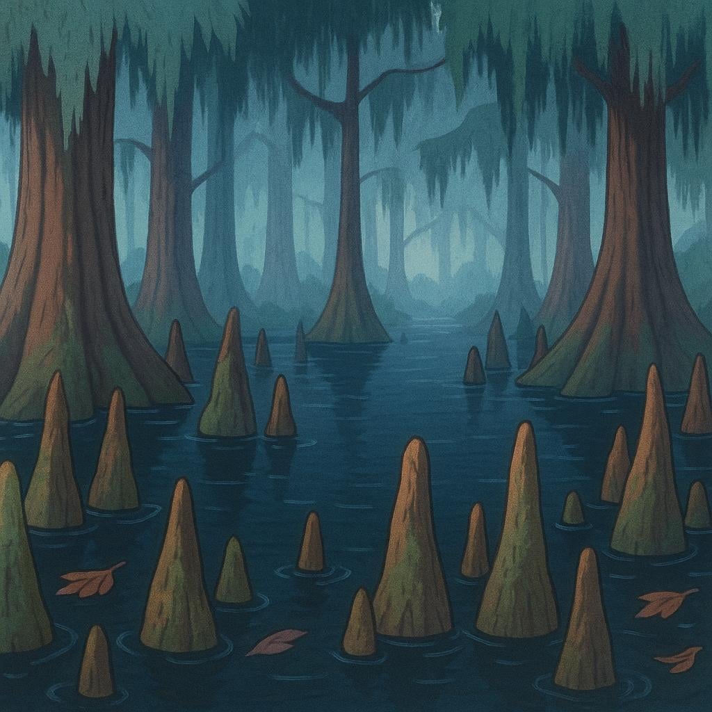 A dense, green swamp scene with dark water reflecting the tall cypress trees and hanging moss.