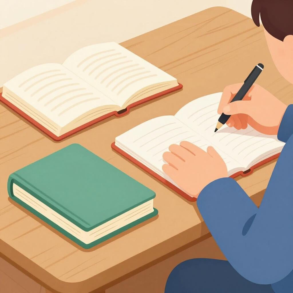 A person sitting at a cozy desk with two open books, carefully writing in a notebook.