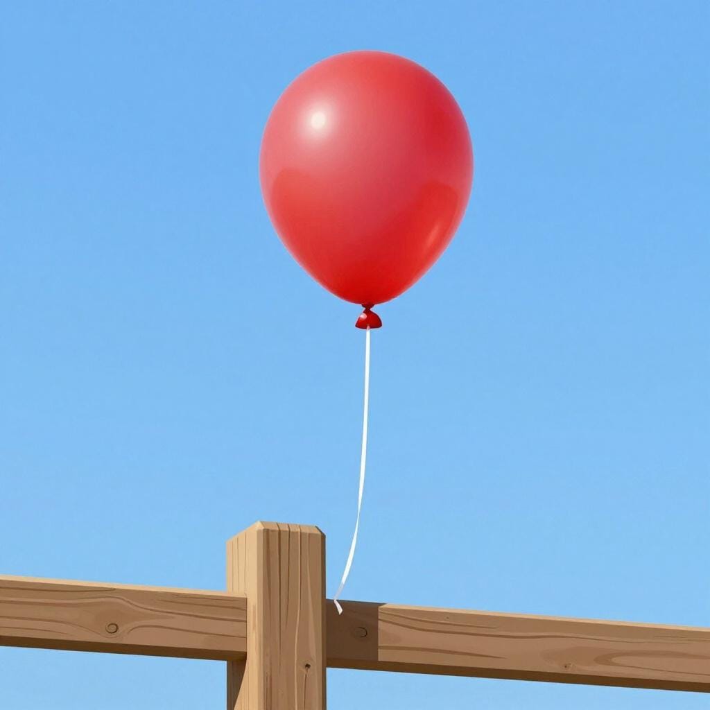 A red balloon with its string tied securely to a wooden fence post.