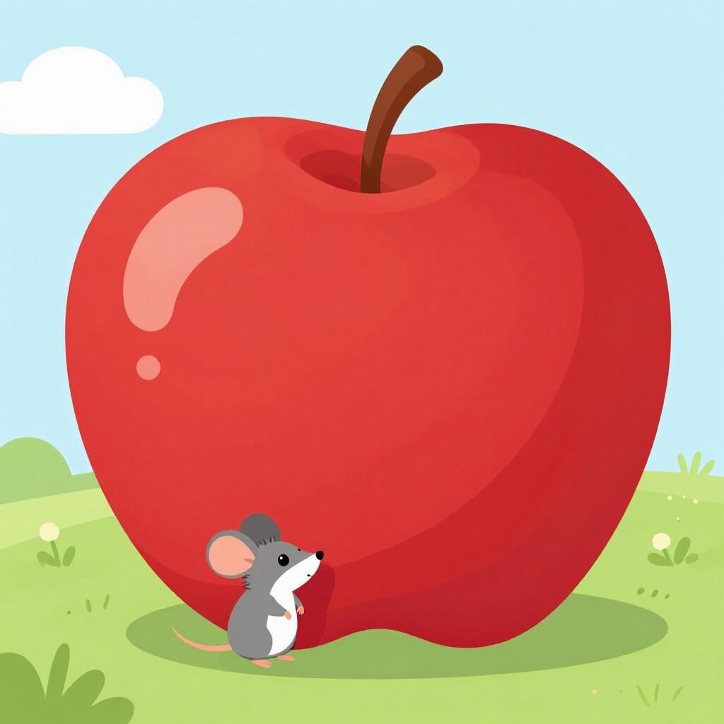 Une petite souris regardant une pomme rouge géante et imposante, dix fois sa taille.