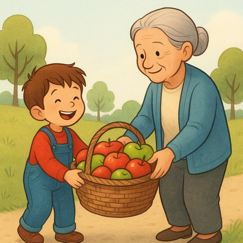 A child smiling while helping an elderly person carry a basket of apples, illustrating helpful behavior.